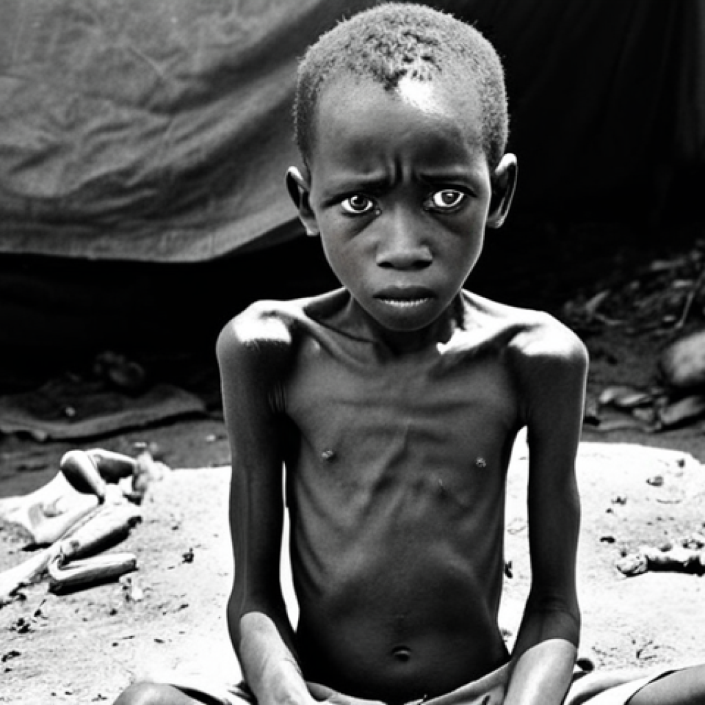 **A starving Biafran child during the Nigerian Civil War.** Focus on the humanitarian crisis and famine resulting from the blockade. Depict the child's emaciated state, emphasizing the tragedy and suffering.  Style: Documentary photography, high contrast, black and white.