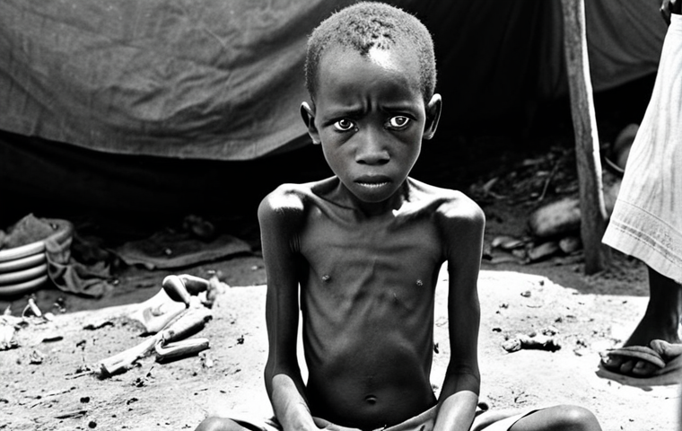 **A starving Biafran child during the Nigerian Civil War.** Focus on the humanitarian crisis and famine resulting from the blockade. Depict the child's emaciated state, emphasizing the tragedy and suffering. Style: Documentary photography, high contrast, black and white.