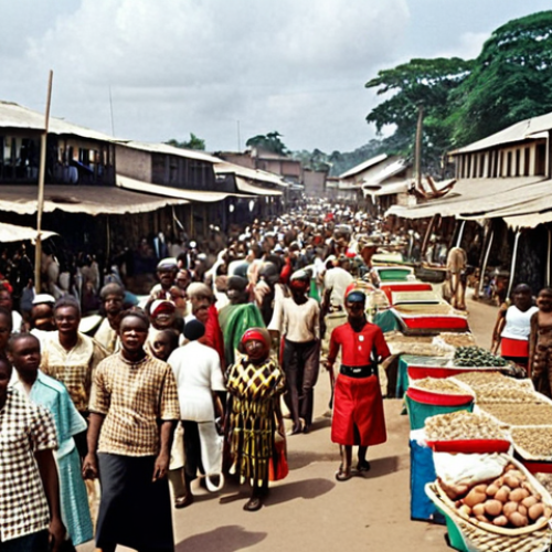**

A bustling market scene in the capital of Biafra during the late 1960s. People are trading goods, some are wearing traditional Igbo clothing, and Biafran flags are subtly visible. The atmosphere is vibrant but with an undercurrent of anxiety, hinting at the impending war. Include elements that suggest resilience and hope despite the circumstances.

**