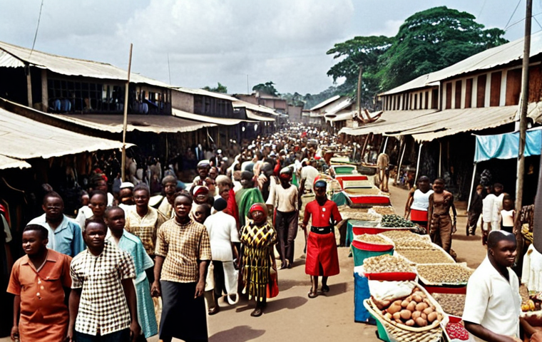 **
A bustling market scene in the capital of Biafra during the late 1960s. People are trading goods, some are wearing traditional Igbo clothing, and Biafran flags are subtly visible. The atmosphere is vibrant but with an undercurrent of anxiety, hinting at the impending war. Include elements that suggest resilience and hope despite the circumstances.
**