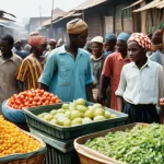 비아프라 전쟁과 냉전 시대 영향 - **Prompt:** A bustling market scene in a vibrant West African city during the 1960s. People of diver...
