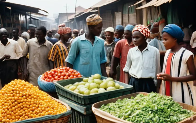 비아프라 전쟁과 냉전 시대 영향 - **Prompt:** A bustling market scene in a vibrant West African city during the 1960s. People of diver...