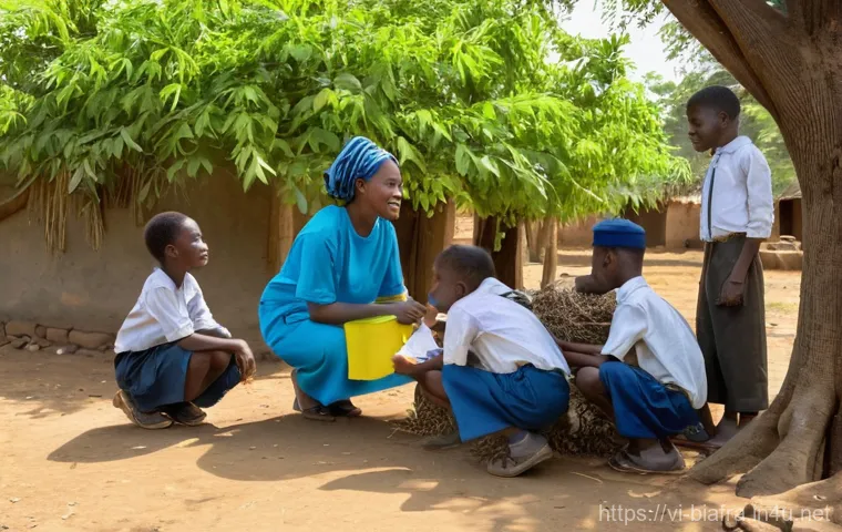 비아프라 전쟁과 냉전 시대 영향 - **Prompt:** A group of resilient children and compassionate medical volunteers in a makeshift aid st...