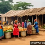 비아프라 전쟁 이후 이그보인의 삶 - A vibrant and detailed scene of an Igbo rural community rebuilding after the Biafra war, showing men...