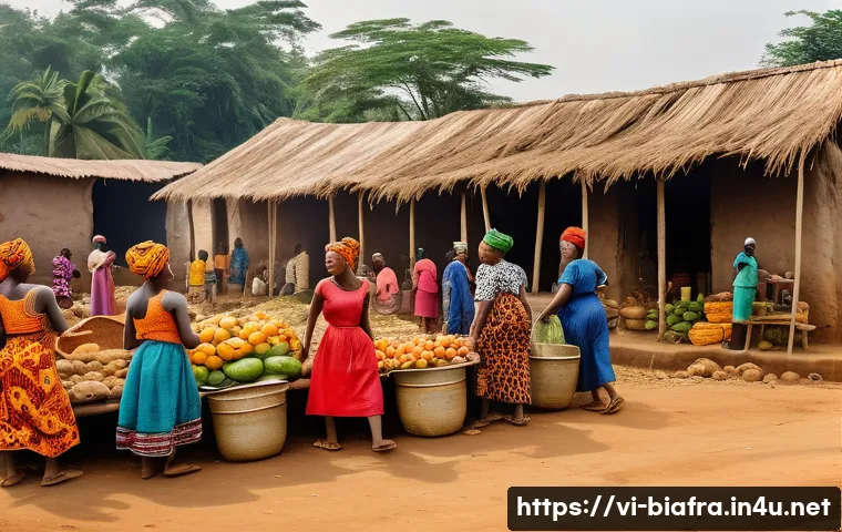 비아프라 전쟁 이후 이그보인의 삶 - A vibrant and detailed scene of an Igbo rural community rebuilding after the Biafra war, showing men...