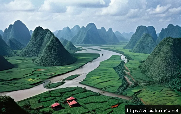 비아프라 전쟁의 주요 전투 - A detailed scene of Biafra battlefield featuring rugged mountainous terrain and winding rivers, with...