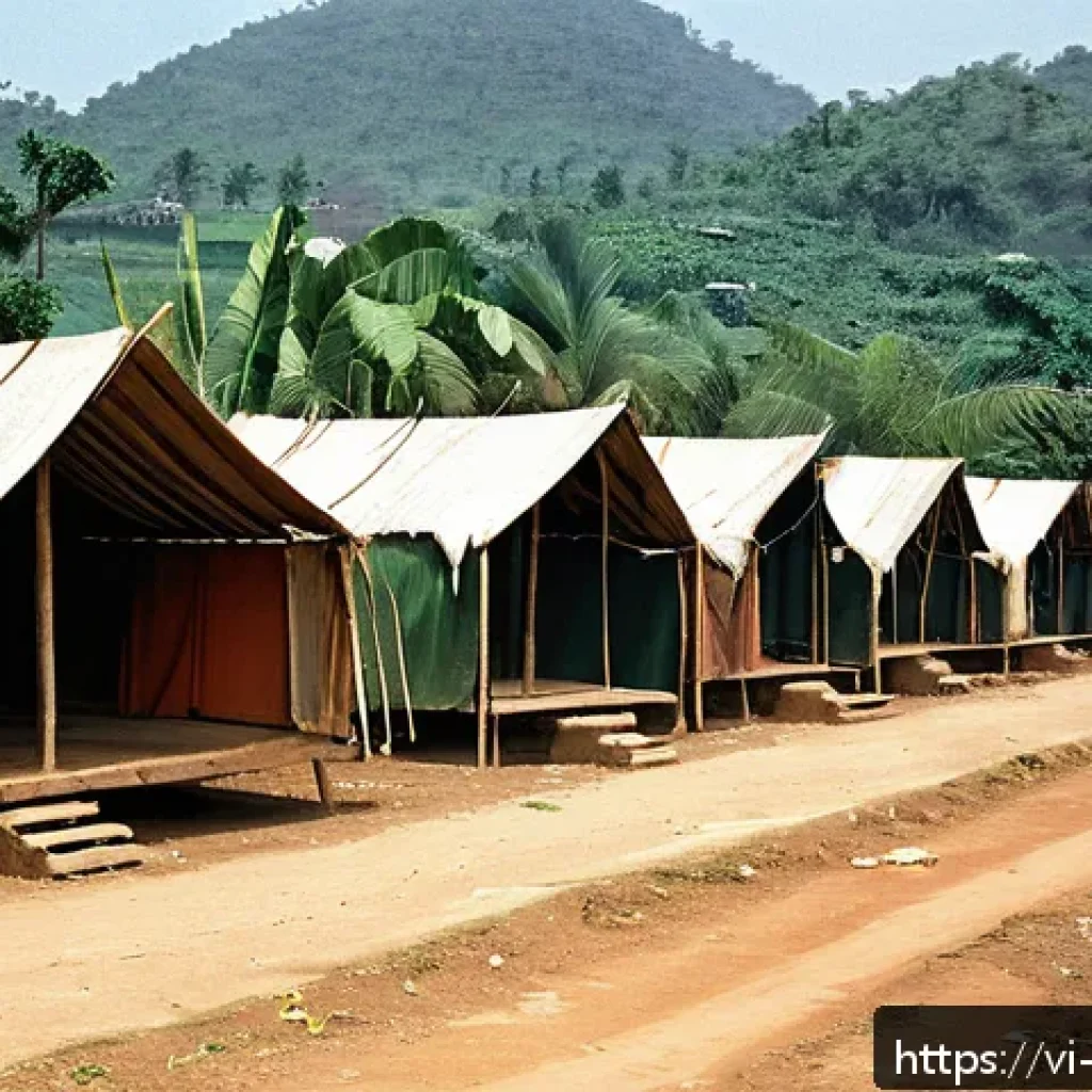 비아프라 전쟁 당시 난민촌 현황 - A detailed scene of a Biafra refugee camp during daytime, showing makeshift shelters made of palm le...