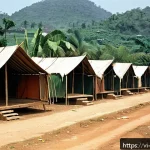 Home 20 비아프라 전쟁 당시 난민촌 현황 - A detailed scene of a Biafra refugee camp during daytime, showing makeshift shelters made of palm le...