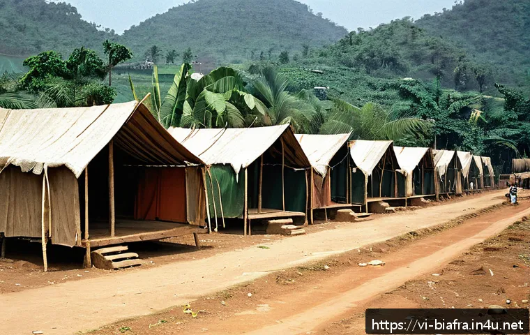 비아프라 전쟁 당시 난민촌 현황 - A detailed scene of a Biafra refugee camp during daytime, showing makeshift shelters made of palm le...