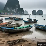 Home 19 비아프라 전쟁과 국제 원조 단체 - A coastal Vietnamese fishing village disrupted by conflict, showing fishermen wearing protective clo...