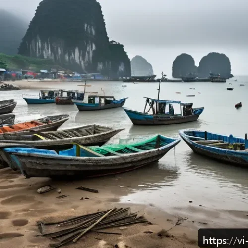 Home 31 비아프라 전쟁과 국제 원조 단체 - A coastal Vietnamese fishing village disrupted by conflict, showing fishermen wearing protective clo...