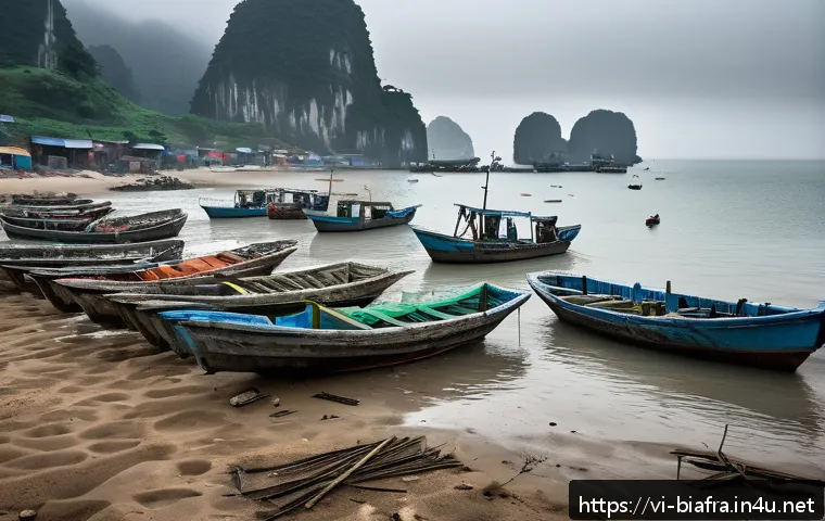 비아프라 전쟁과 국제 원조 단체 - A coastal Vietnamese fishing village disrupted by conflict, showing fishermen wearing protective clo...