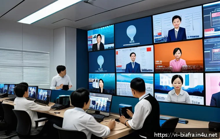 비아프라 전쟁과 미디어 검열 - A detailed scene depicting a diverse group of Vietnamese journalists and independent media workers i...