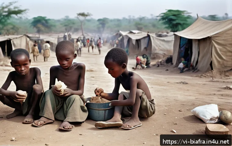 비아프라 독립운동과 국제 인권 단체 - A detailed scene depicting humanitarian crisis during the Biafra war: emaciated children wearing min...
