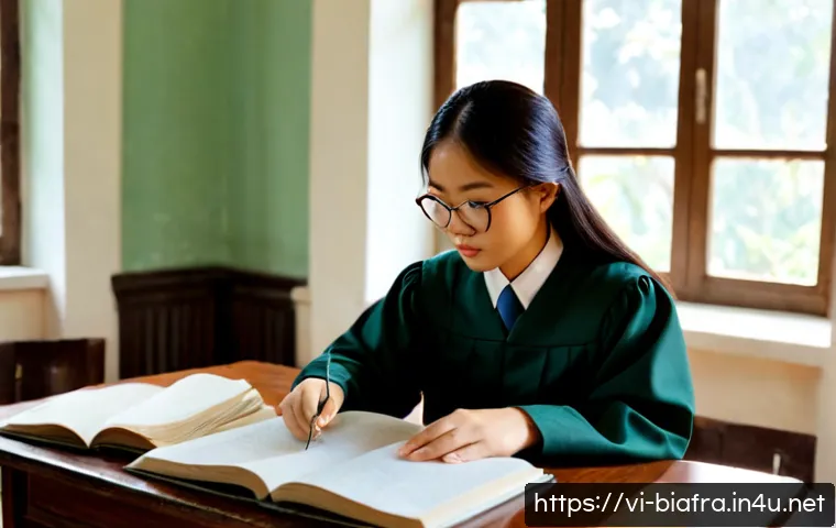 비아프라 전쟁 관련 논문 추천 - Photorealistic Vietnamese graduate student researching the Biafra War in a quiet Hanoi university li...