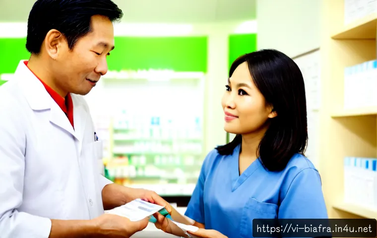 비아프라 방문 시 주의사항 - Photorealistic private consultation at a modern Vietnamese pharmacy, a middle-aged Vietnamese man in...